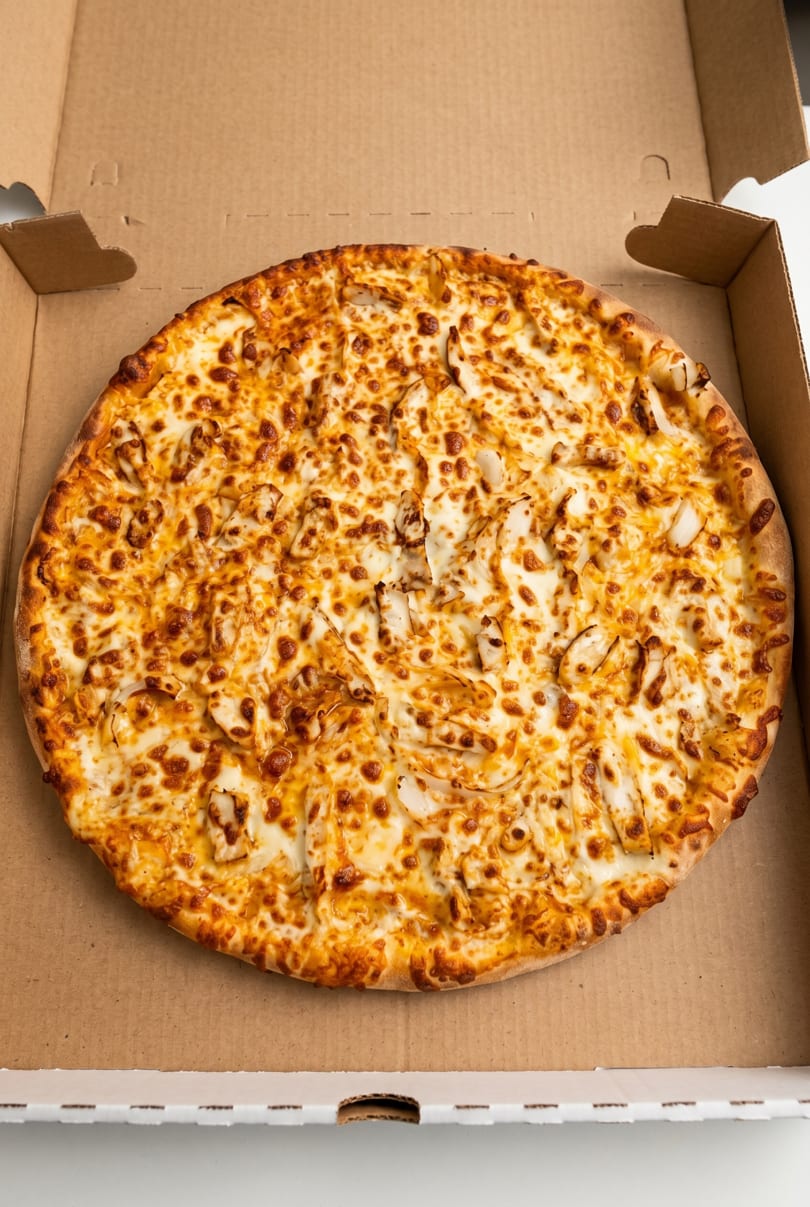 A whole chicken and onion pizza with melted cheese, in a brown cardboard delivery box.
