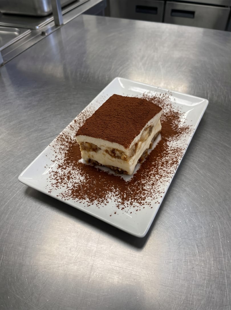 A rectangular slice of tiramisu, dusted with cocoa powder, sits on a white plate.