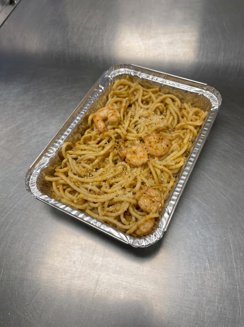 Shrimp pasta with sauce and parmesan cheese in a foil take-out container on a metal surface.