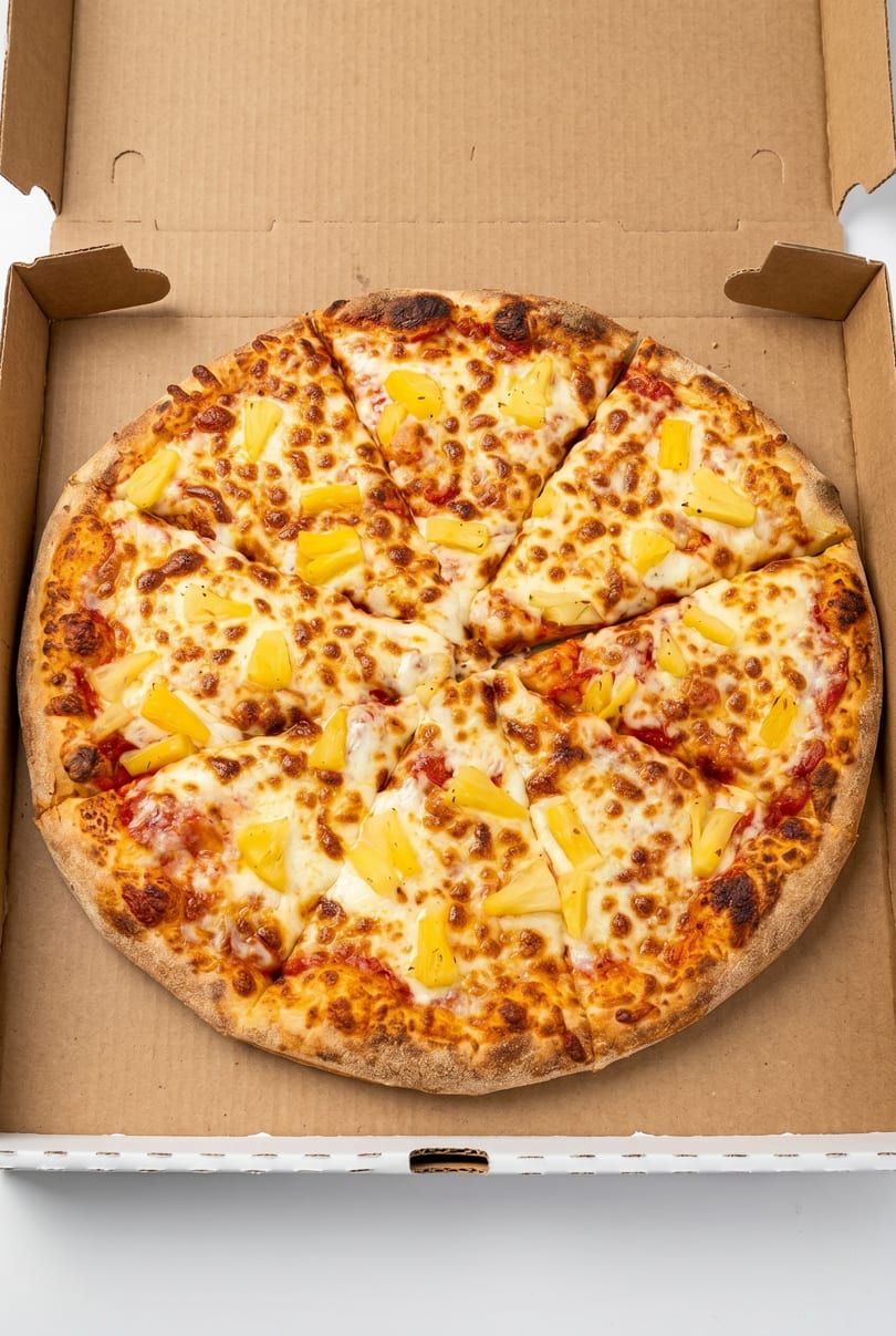 A whole pineapple pizza, cut into slices, sits in an open cardboard delivery box.